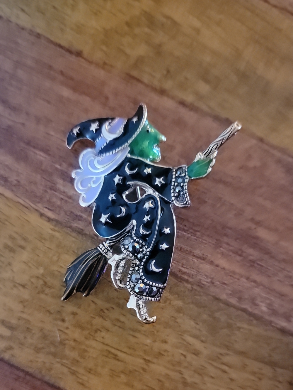 Whimsical Enamel Witch Brooch Pin in Black & Green